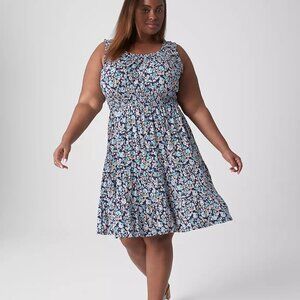 Lane Bryant Dress Blue Floral, Ruffle Neck, Smocked Waist, Fit&Flare Size 18/20